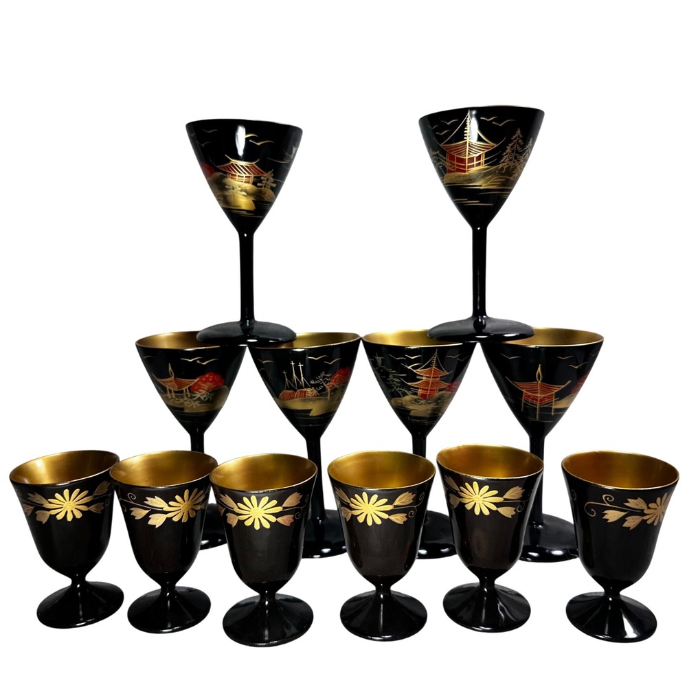 12pc Japanese Maki-e Lacquer Sake Cordial Glasses Black Gold Chinoiserie Barware
